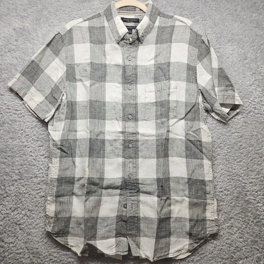 Banana Republic Camden Fit White Linen Botton Up Shirt Mens Size Medium Plaid